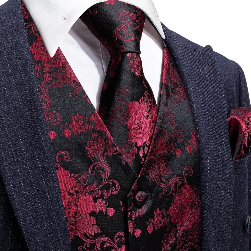 Black Red Peony Floral Jacquard Silk Men's Vest Hanky Cufflinks Tie Set sold by Ties2You