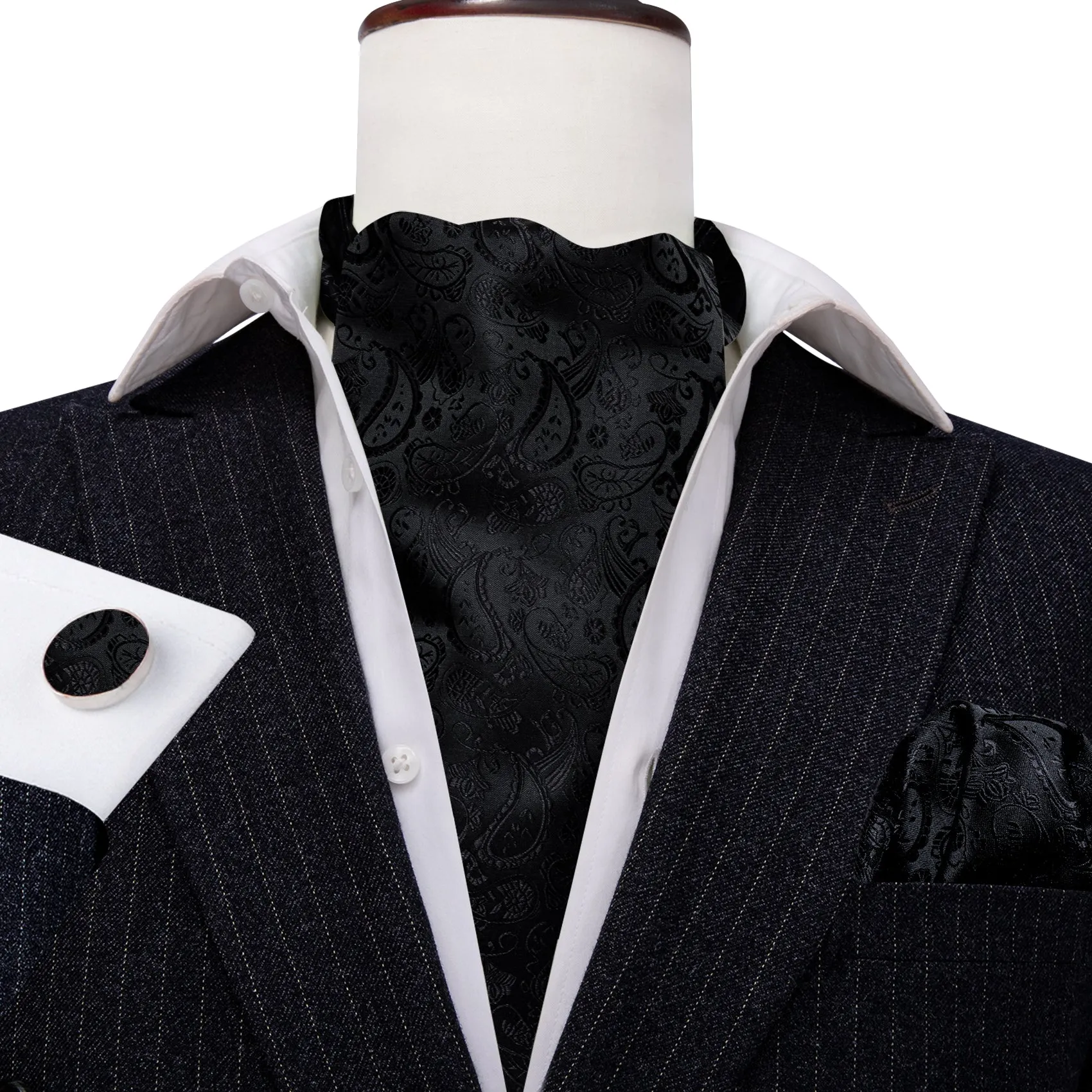 Ties2you Black Tie Paisley Ascot Cravat Tie Pocket Square Cufflinks Set Fashion sold by Ties2You product image thumbnail 5