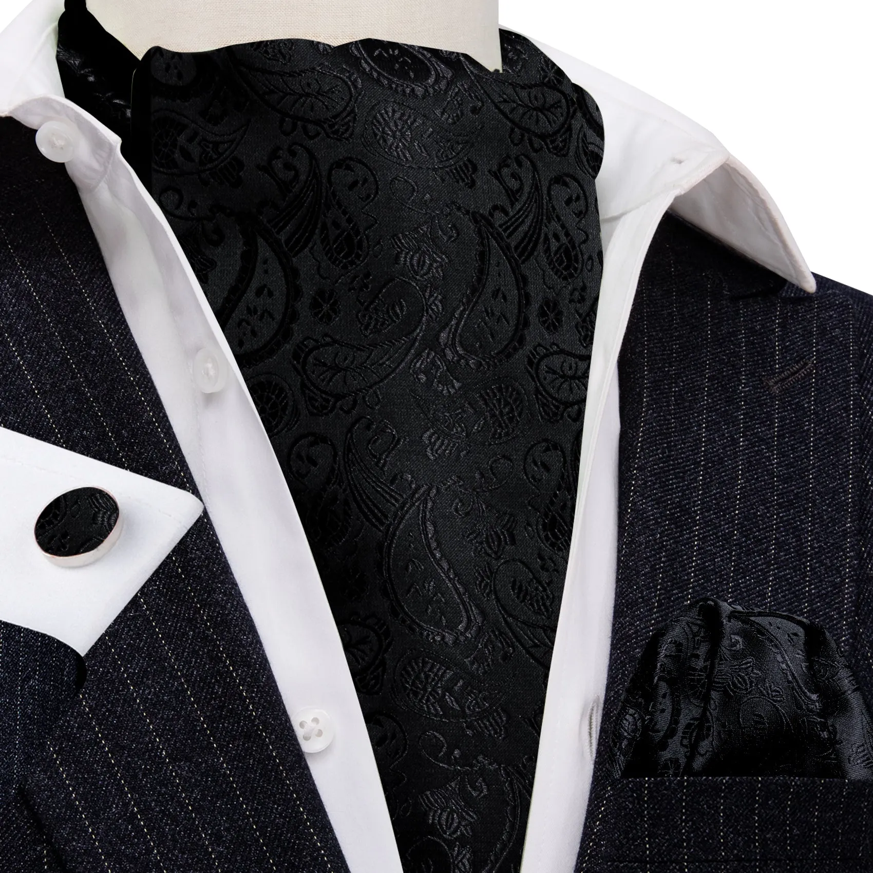 Ties2you Black Tie Paisley Ascot Cravat Tie Pocket Square Cufflinks Set Fashion sold by Ties2You product image thumbnail 2