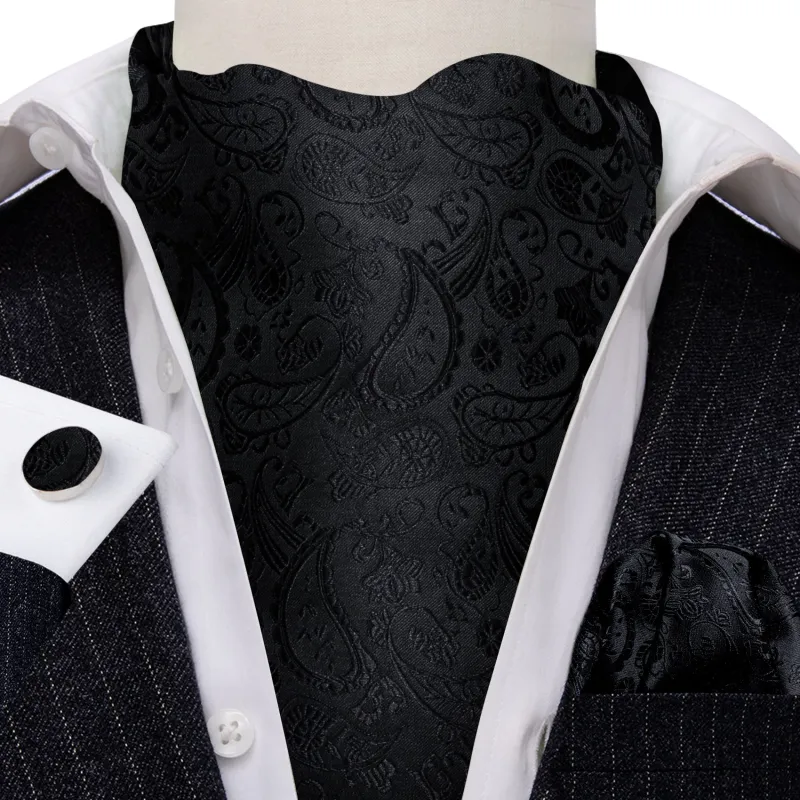 Ties2you Black Tie Paisley Ascot Cravat Tie Pocket Square Cufflinks Set Fashion sold by Ties2You