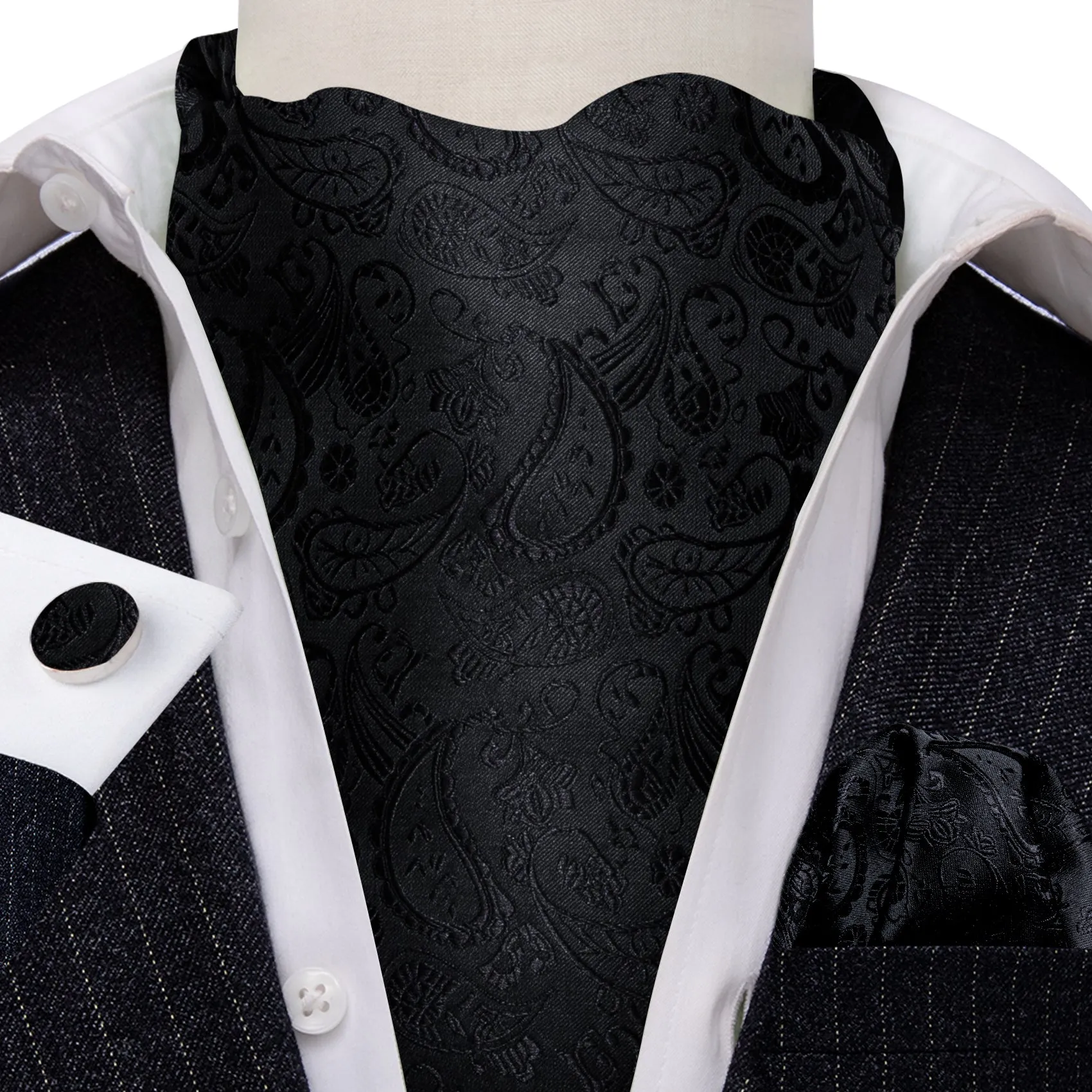 Ties2you Black Tie Paisley Ascot Cravat Tie Pocket Square Cufflinks Set Fashion sold by Ties2You