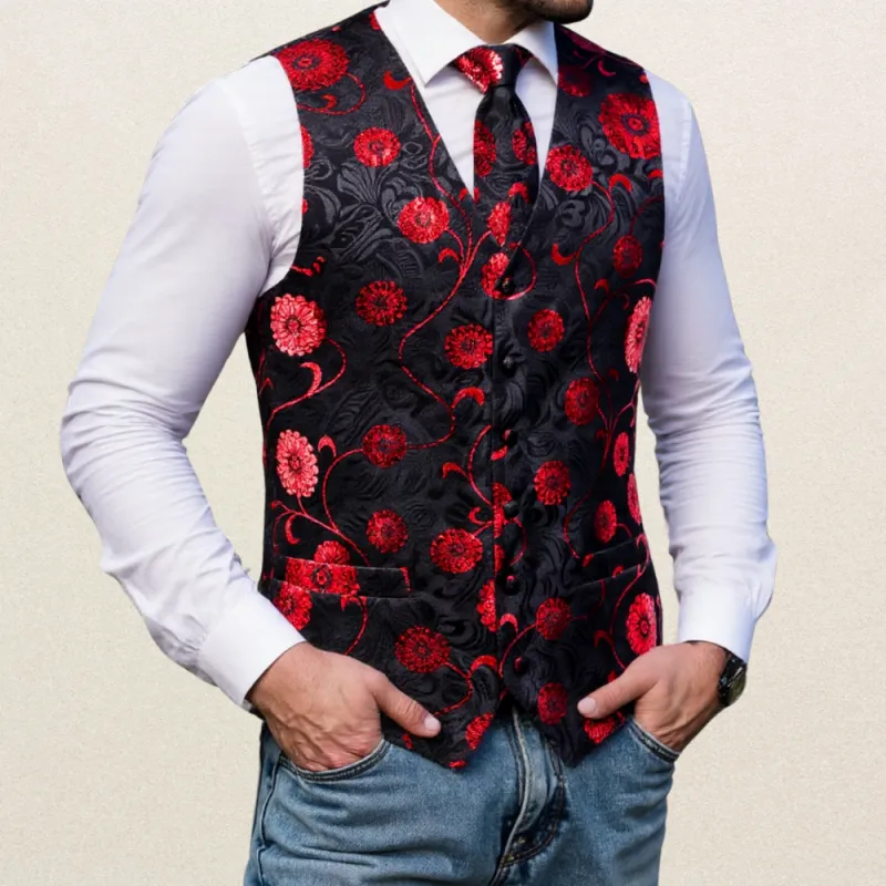 Ties2you Red Floral Suit Vest Black Men's Dress Waistcoat Tie Hanky Cufflinks Set sold by Ties2You