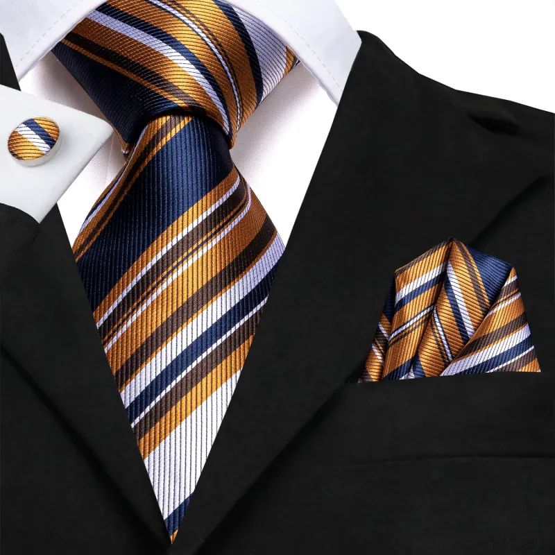 Blue White Golden Striped Tie Handkerchief Cufflinks Set sold by Ties2You