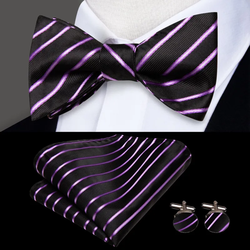 Black Purple Striped Self-tied Bow Tie Pocket Square Cufflinks Set sold by Ties2You