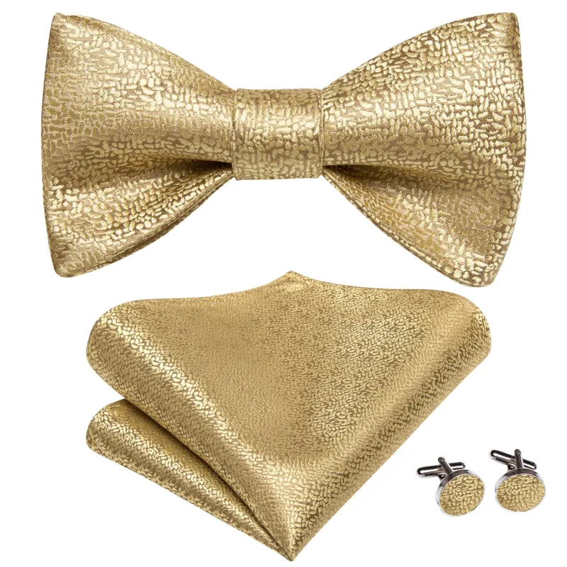 Golden Solid Self-tied Bow Tie Pocket Square Cufflinks Set sold by Ties2You