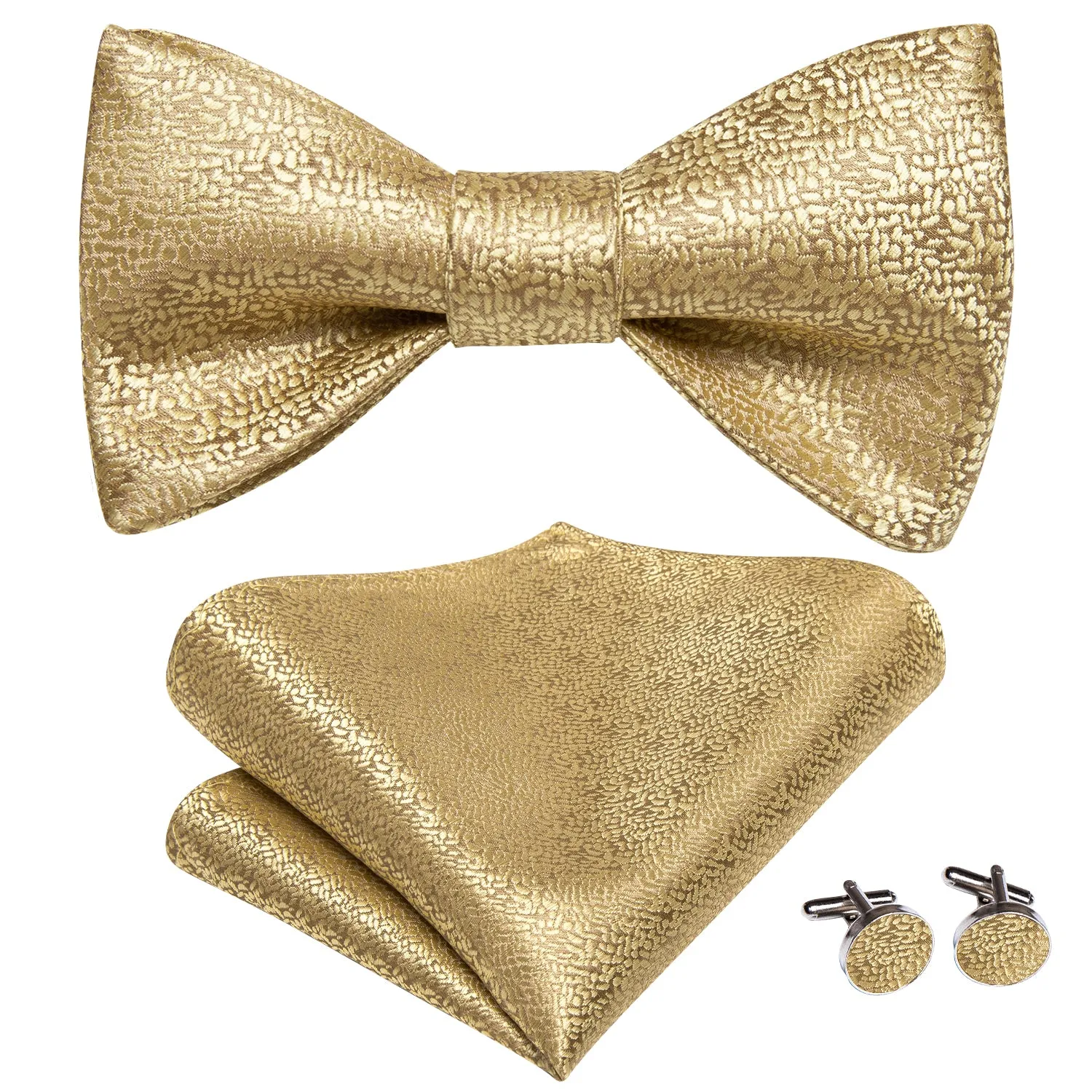 Golden Solid Self-tied Bow Tie Pocket Square Cufflinks Set sold by Ties2You