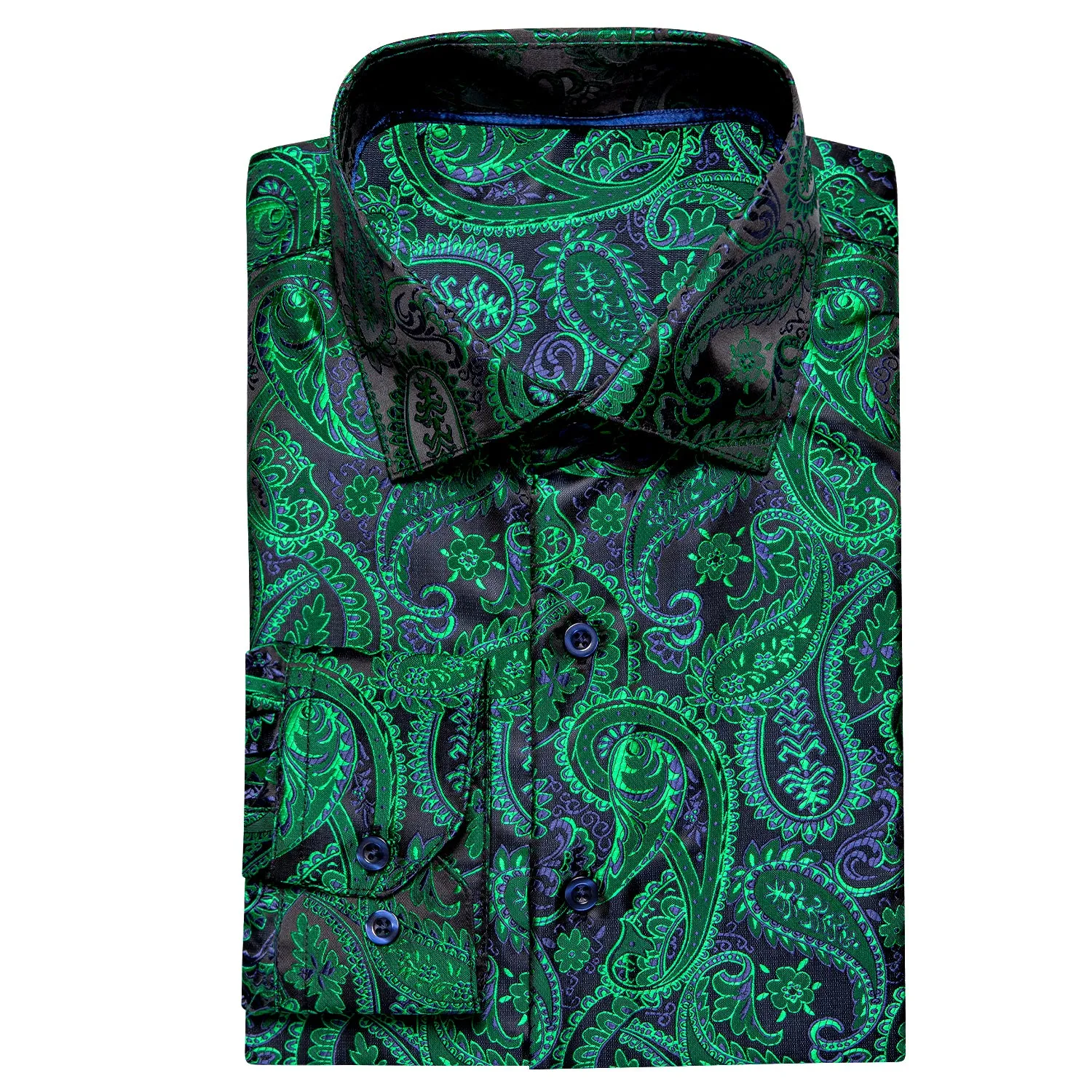 Green Black Paisley Pattern Silk Men's Long Sleeve Shirt sold by Ties2You product image thumbnail 4