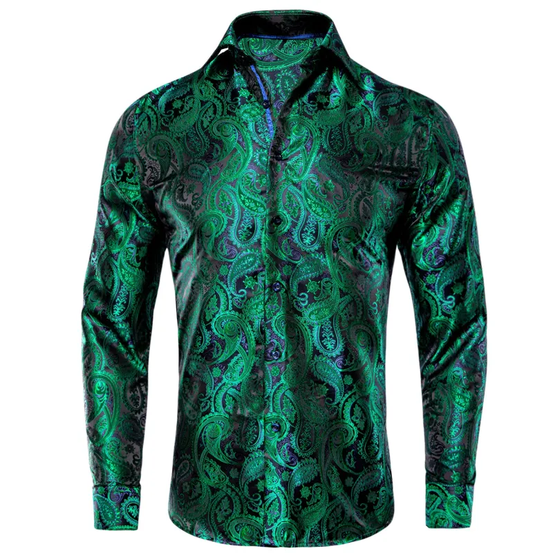 Green Black Paisley Pattern Silk Men's Long Sleeve Shirt sold by Ties2You