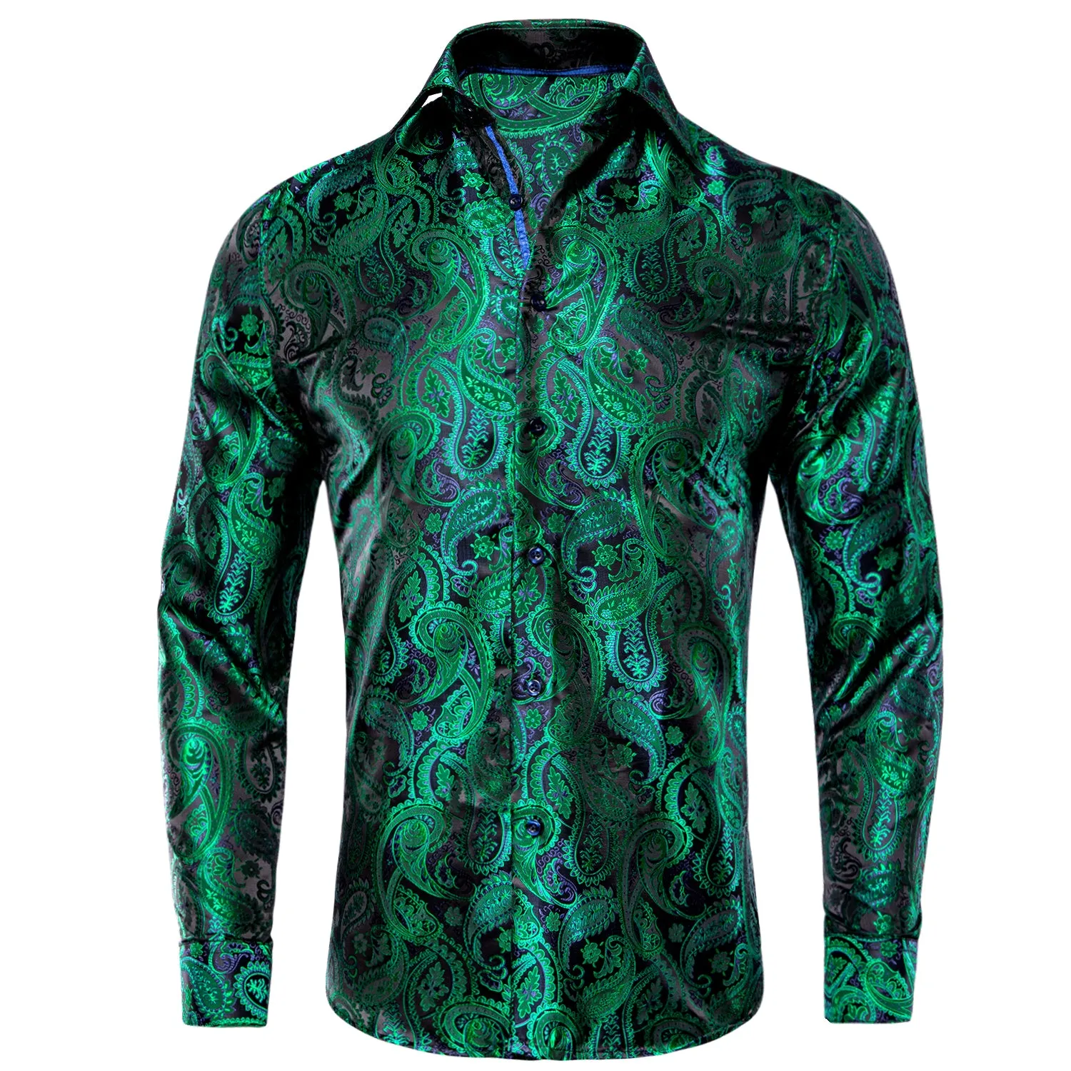 Green Black Paisley Pattern Silk Men's Long Sleeve Shirt sold by Ties2You