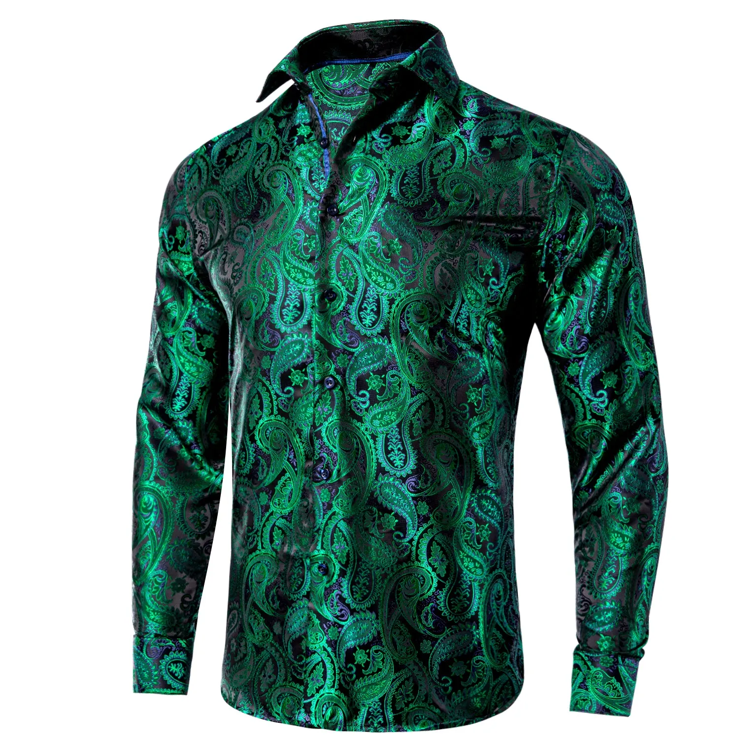 Green Black Paisley Pattern Silk Men's Long Sleeve Shirt sold by Ties2You product image thumbnail 2
