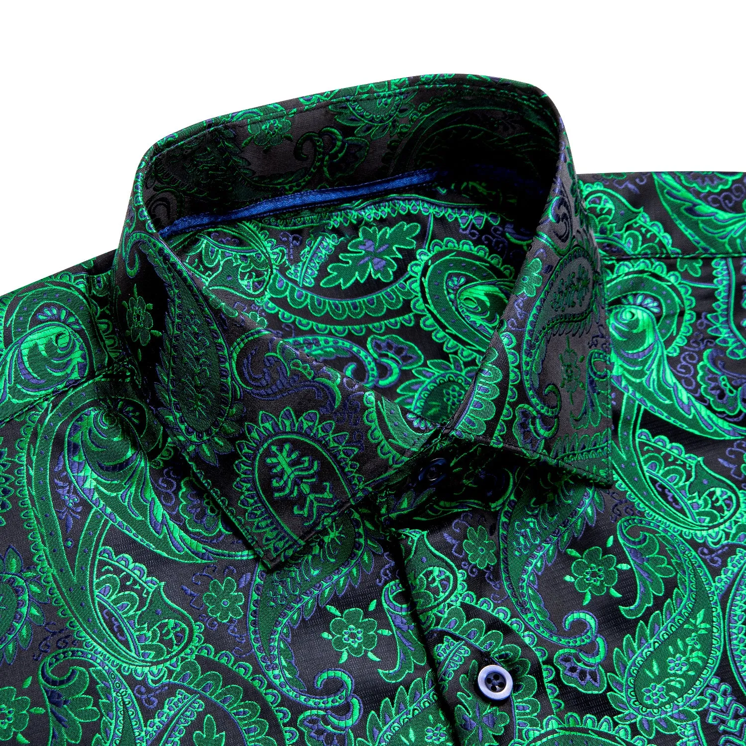 Green Black Paisley Pattern Silk Men's Long Sleeve Shirt sold by Ties2You product image thumbnail 3