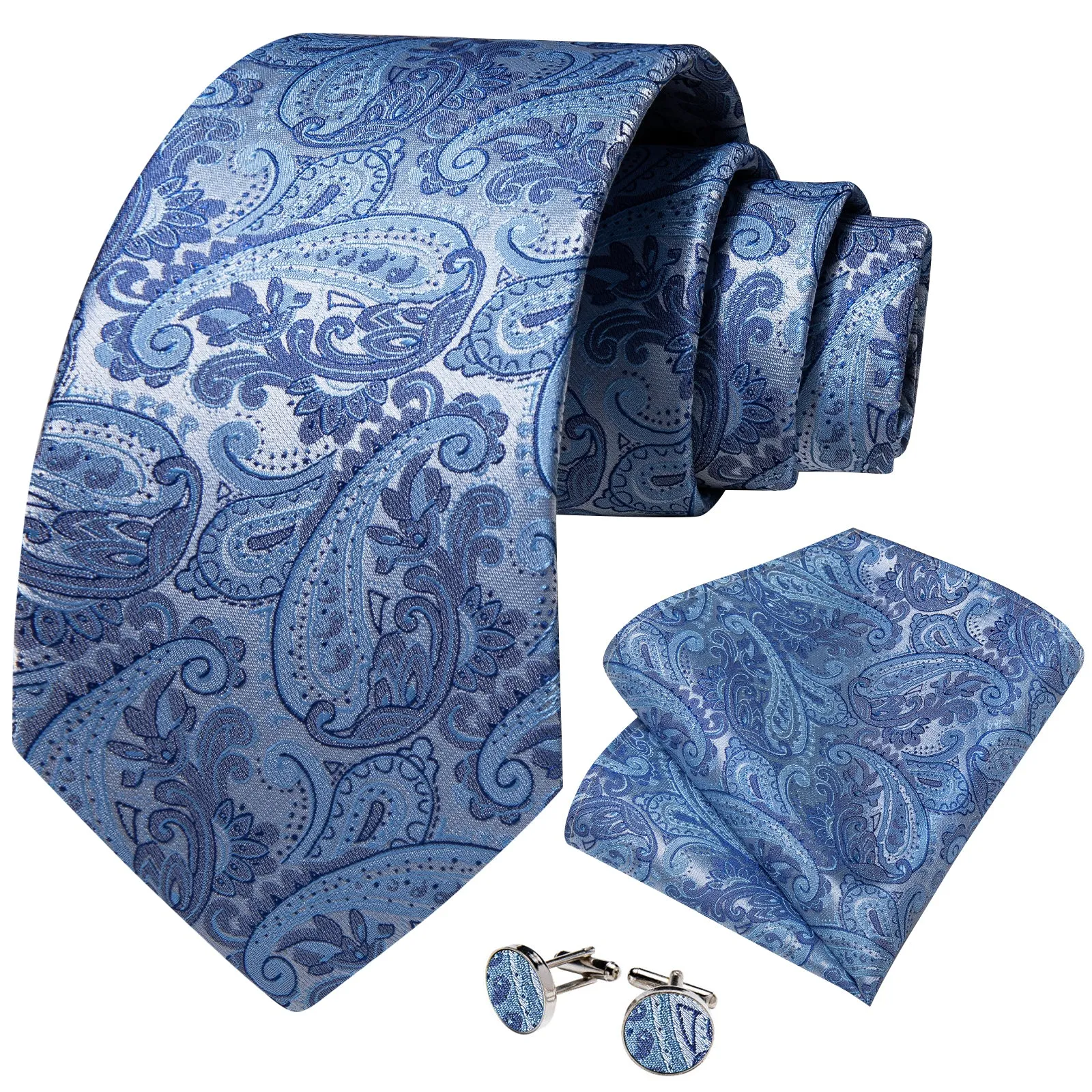 Silver Blue Paisley Necktie Pocket Square Cufflinks Set sold by Ties2You product image thumbnail 2