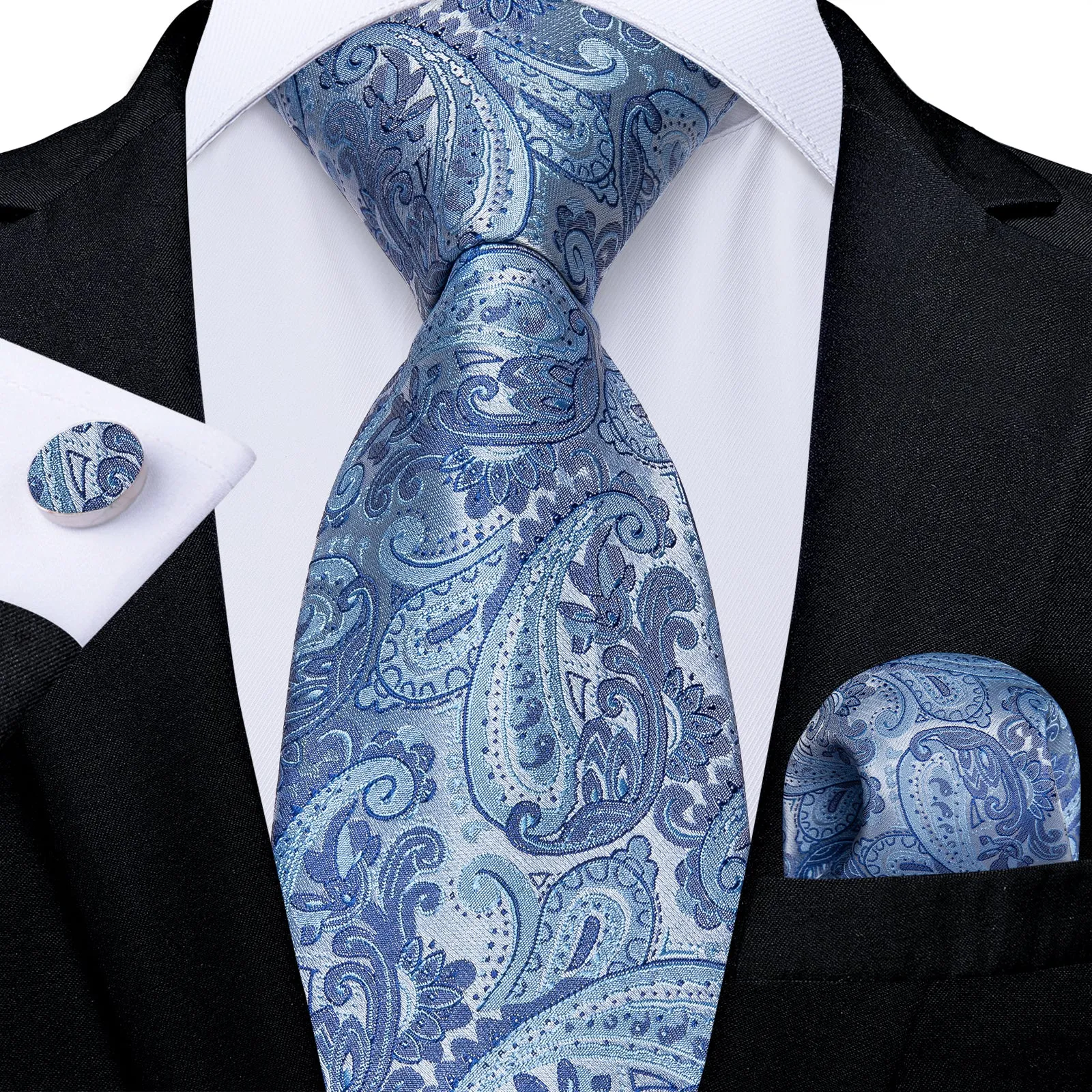 Silver Blue Paisley Necktie Pocket Square Cufflinks Set sold by Ties2You