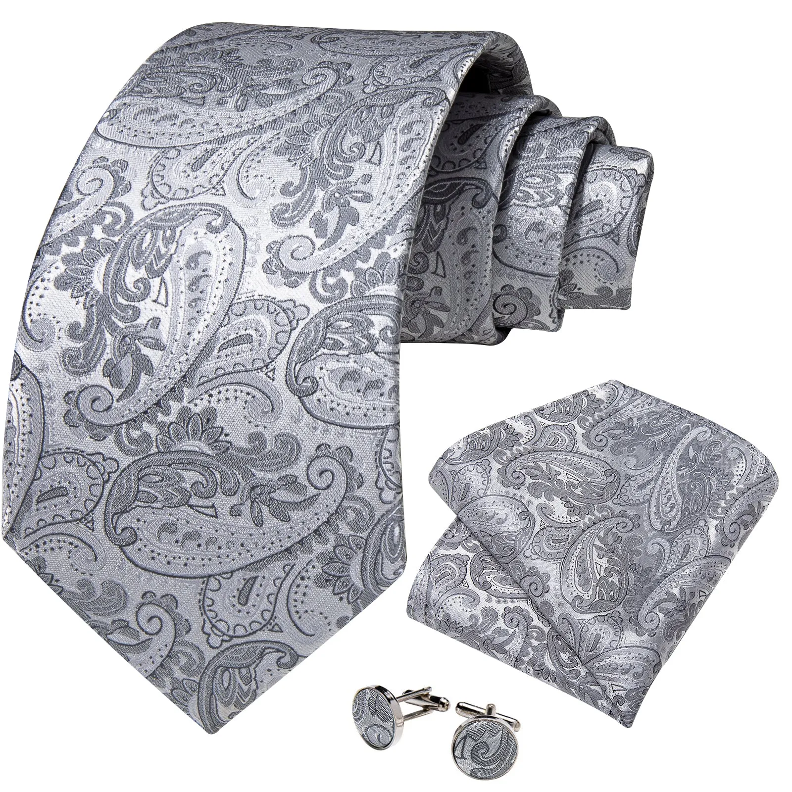 Silver Grey Paisley Necktie Pocket Square Cufflinks Set sold by Ties2You product image thumbnail 2
