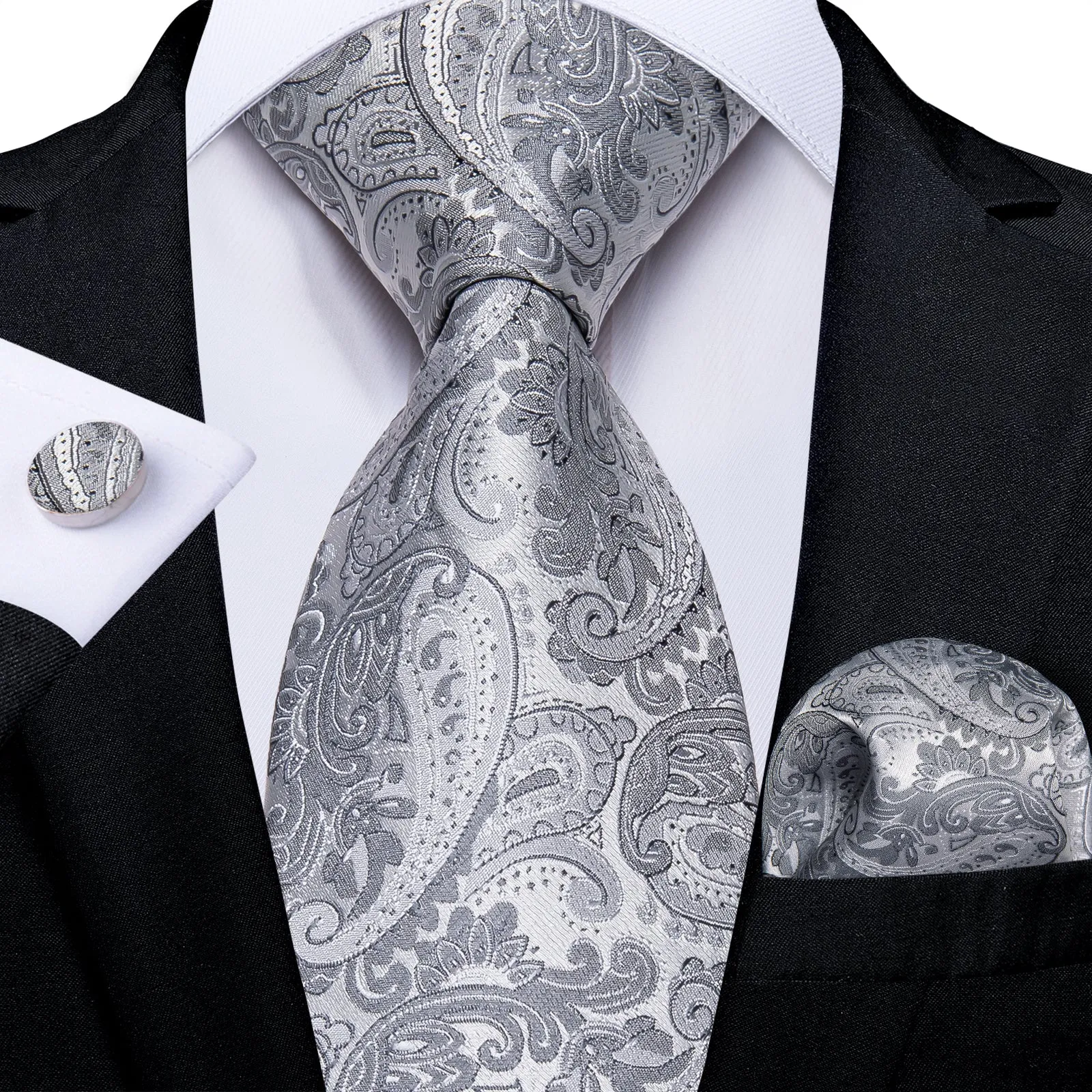 Silver Grey Paisley Necktie Pocket Square Cufflinks Set sold by Ties2You