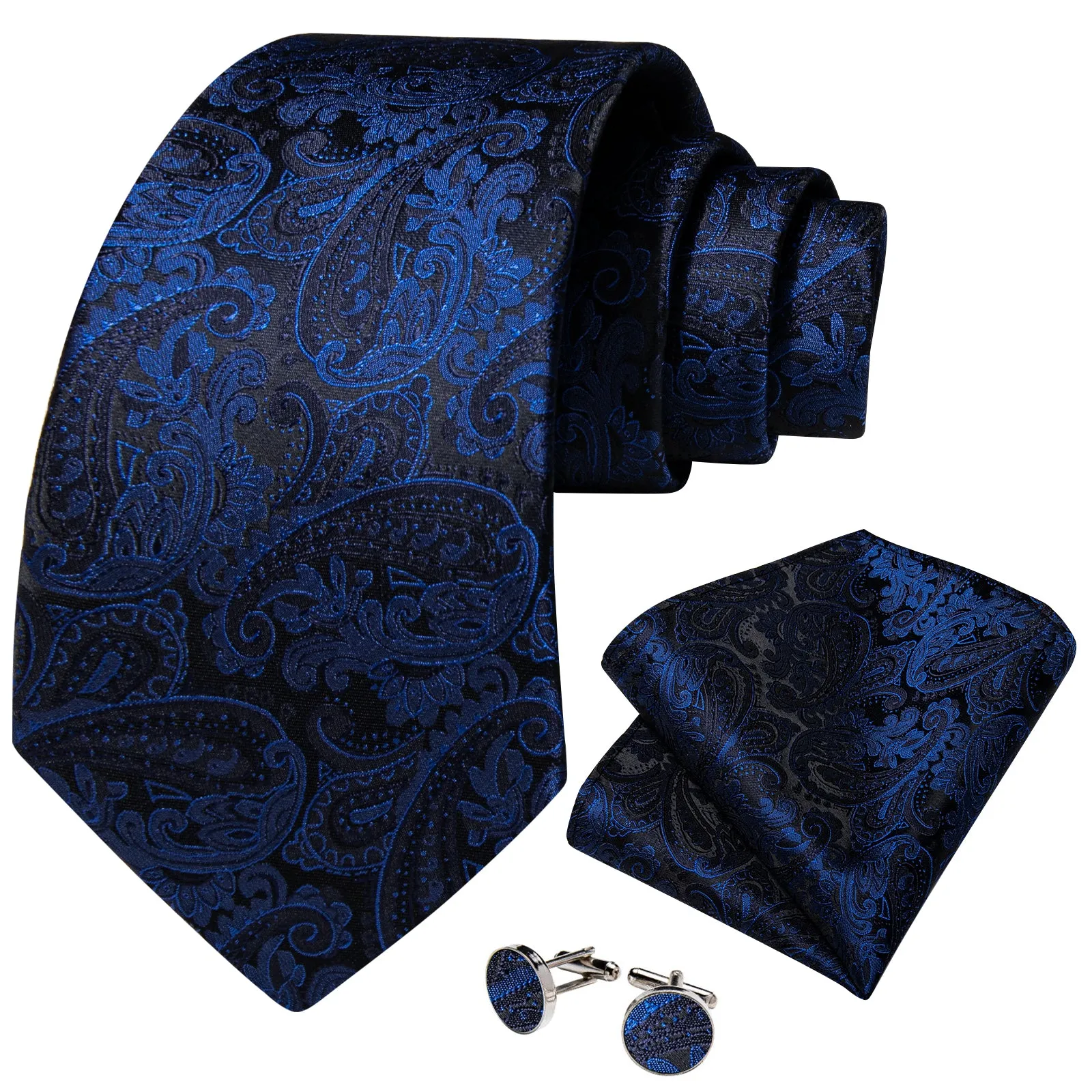 Black Blue Paisley Necktie Pocket Square Cufflinks Set sold by Ties2You product image thumbnail 2