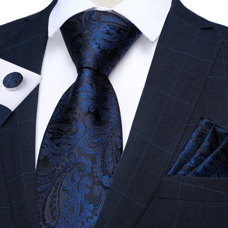 Black Blue Paisley Necktie Pocket Square Cufflinks Set sold by Ties2You