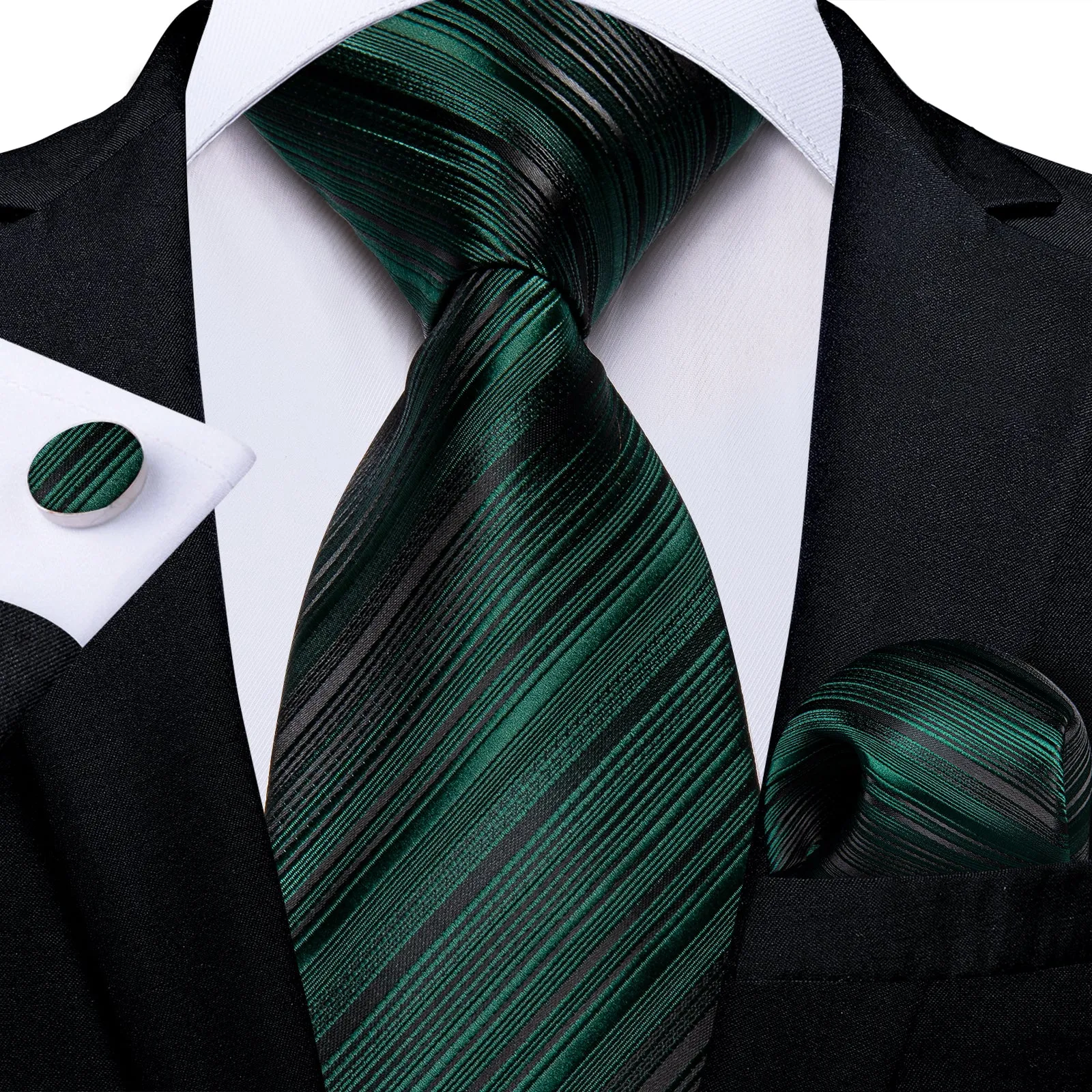 Ties2you Hunter Green Necktie Striped Business Formal Tie Handkercheif Cufflinks Set sold by Ties2You