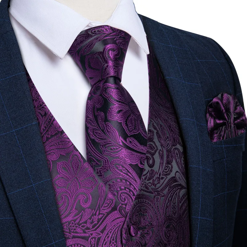 Dark Purple Paisley Men's Vest Tie Hanky Cufflinks Set Waistcoat Suit Set sold by Ties2You