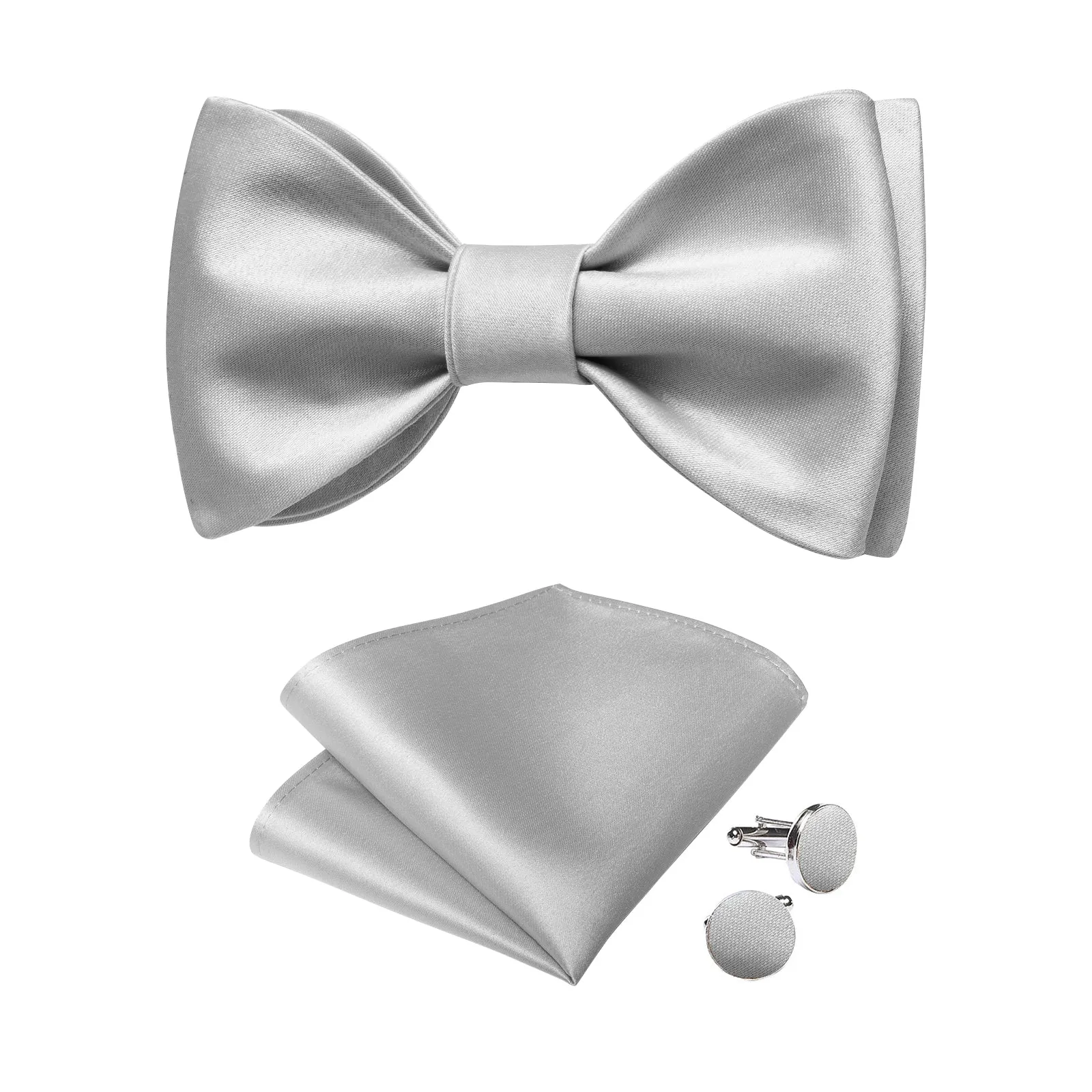 Light Grey Solid Self-tied Bow Tie Pocket Square Cufflinks Set sold by Ties2You product image thumbnail 2