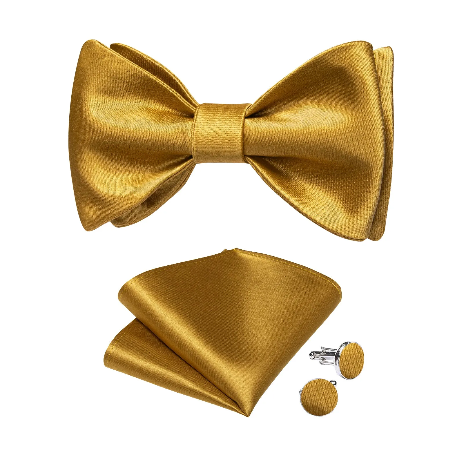 Golden Solid Self-tied Bow Tie Pocket Square Cufflinks Set sold by Ties2You product image thumbnail 2
