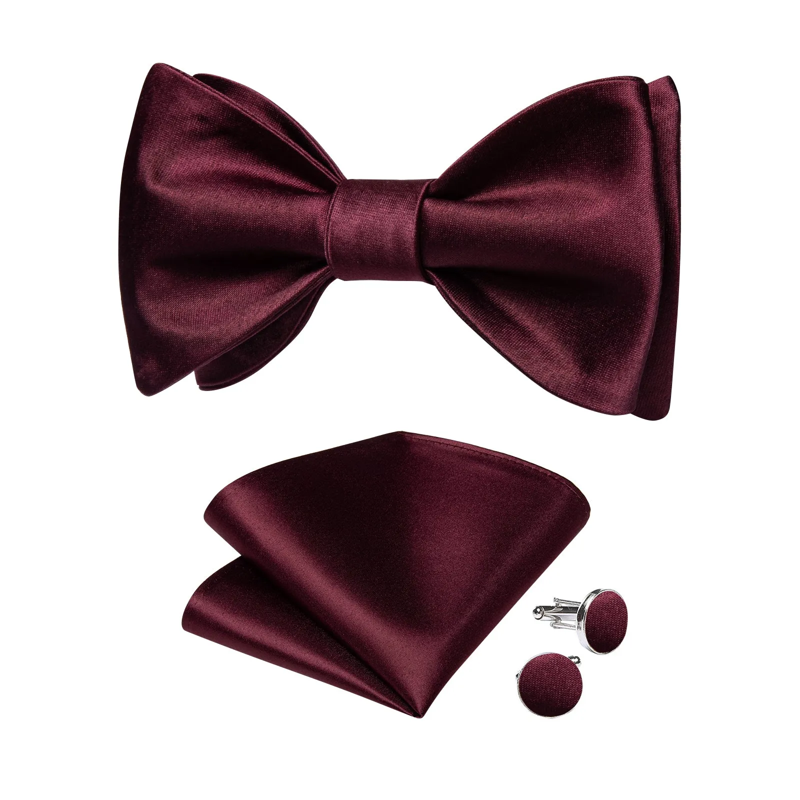 Burgundy Red Solid Self-tied Bow Tie Pocket Square Cufflinks Set sold by Ties2You product image thumbnail 2