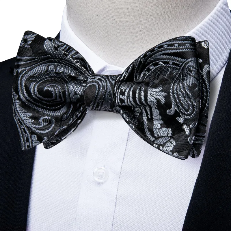 Black Gradient Silver Paisley Self-tied Bow Tie Pocket Square Cufflinks Set sold by Ties2You