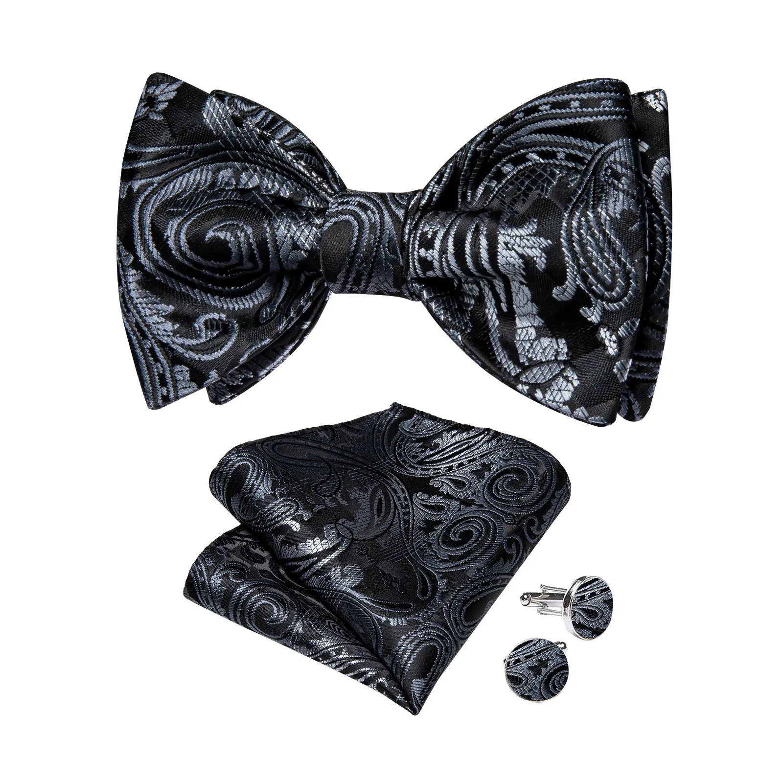 Black Gradient Silver Paisley Self-tied Bow Tie Pocket Square Cufflinks Set sold by Ties2You product image thumbnail 2