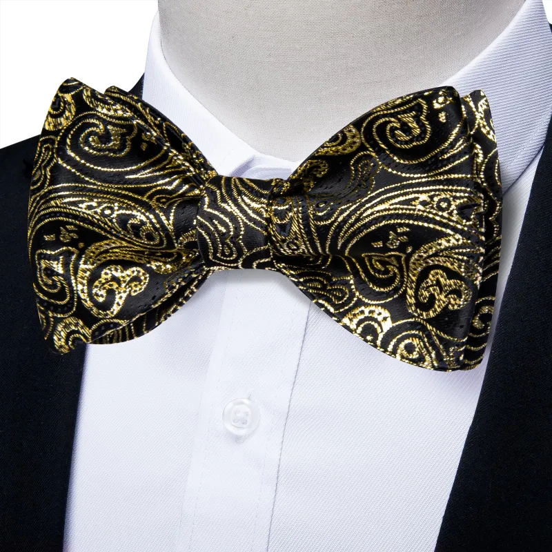 Black Golden Paisley Self-tied Bow Tie Pocket Square Cufflinks Set sold by Ties2You