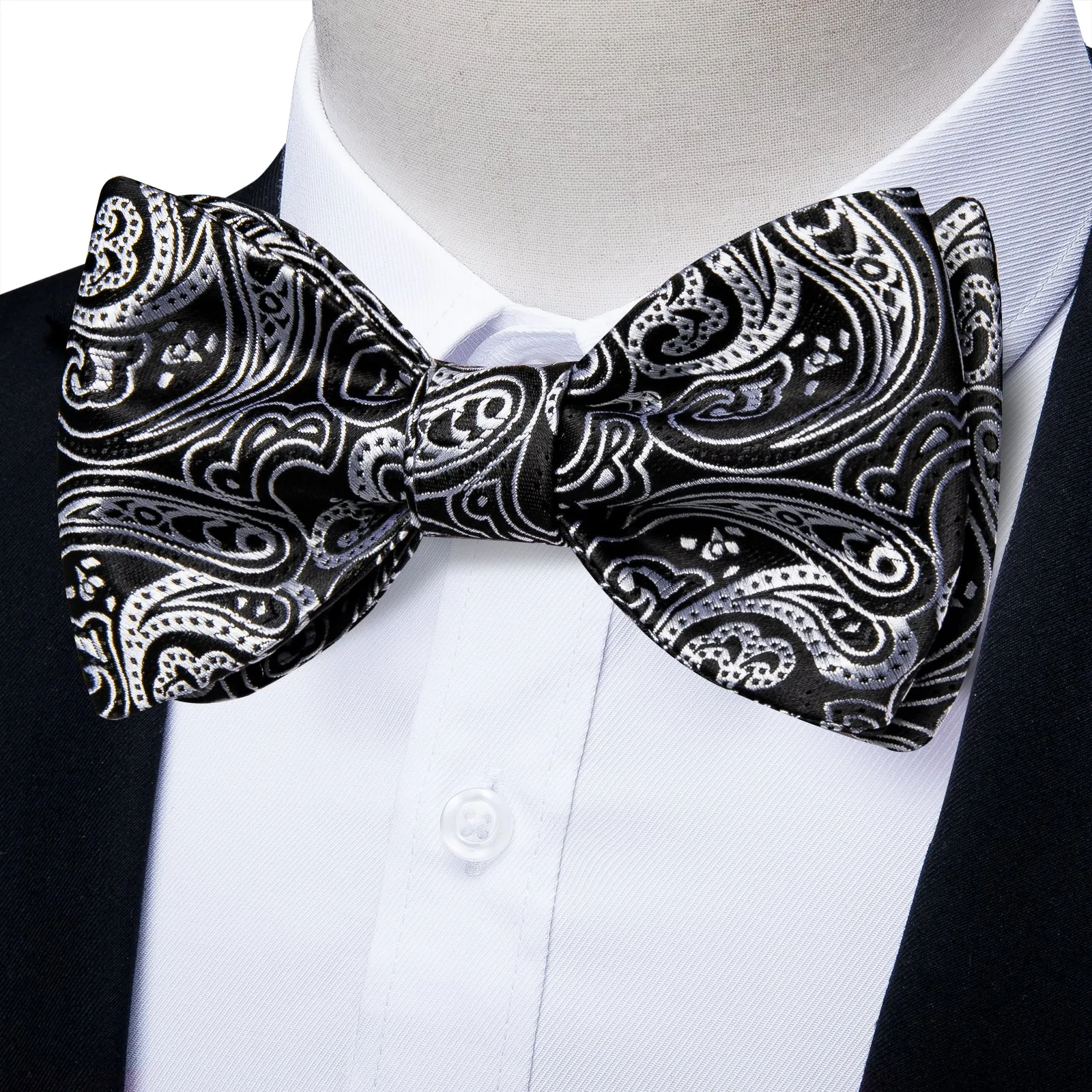 Black White Paisley Self-tied Bow Tie Pocket Square Cufflinks Set sold by Ties2You