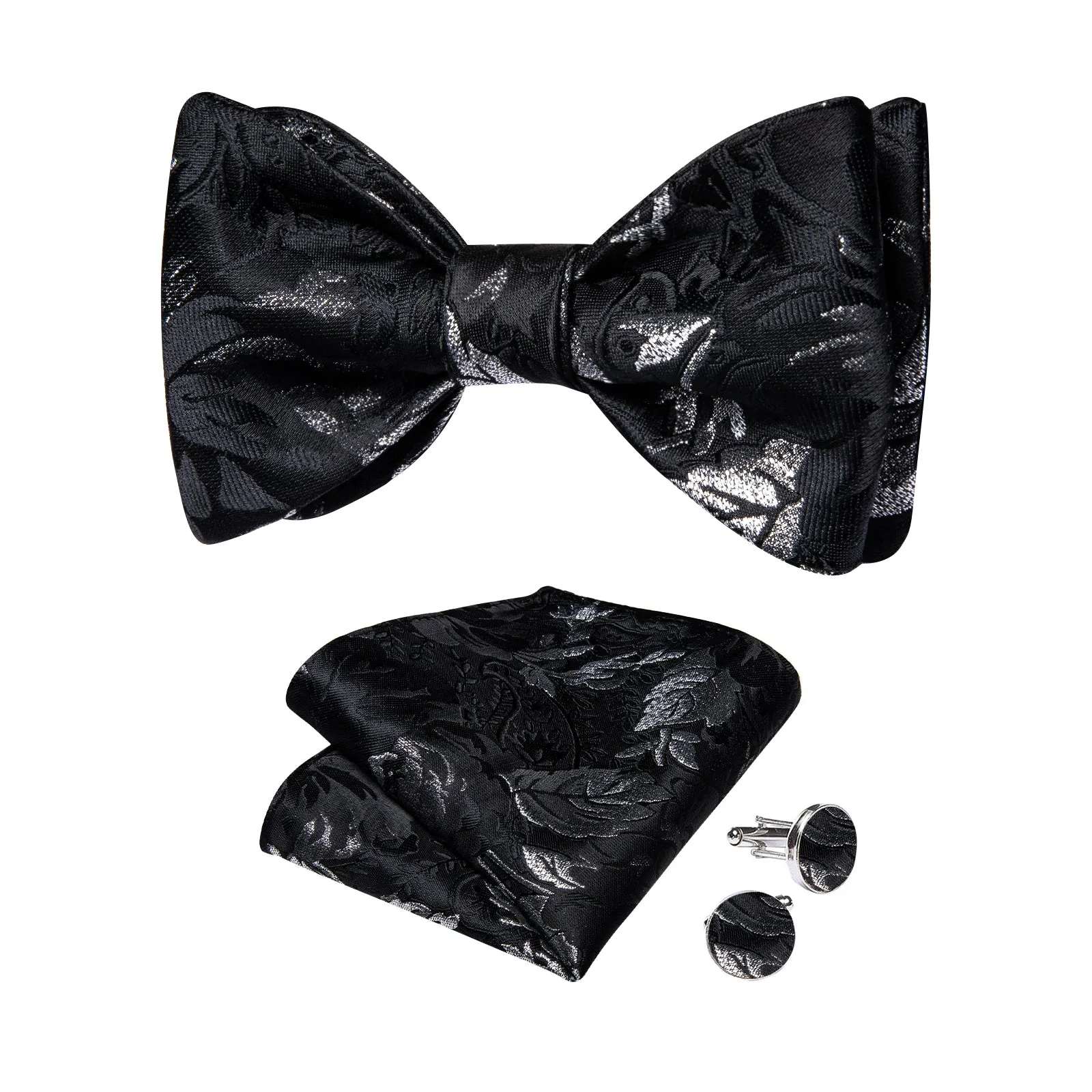 Black White Floral Self-tied Bow Tie Pocket Square Cufflinks Set sold by Ties2You product image thumbnail 2