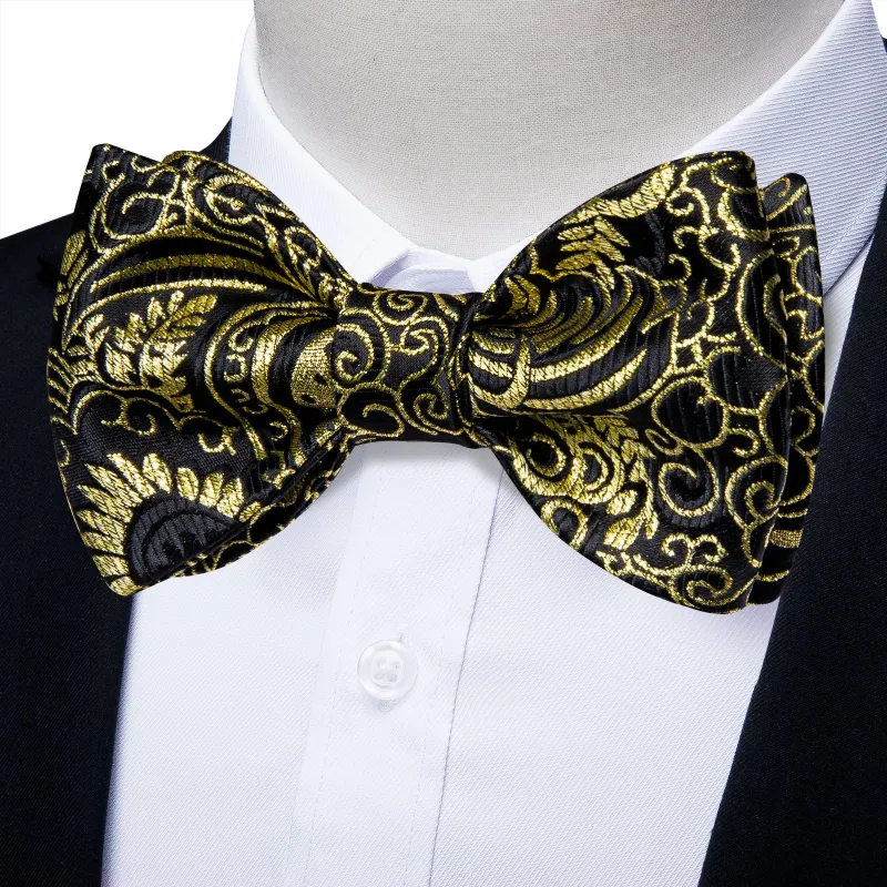 Black Yellow Paisley Self-tied Bow Tie Pocket Square Cufflinks Set sold by Ties2You