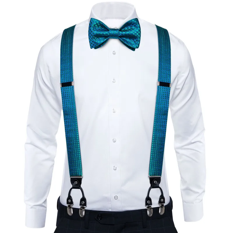 Shining Blue Green Plaid Y Back Brace Clip-on Men's Suspender with Bow Tie Set sold by Ties2You
