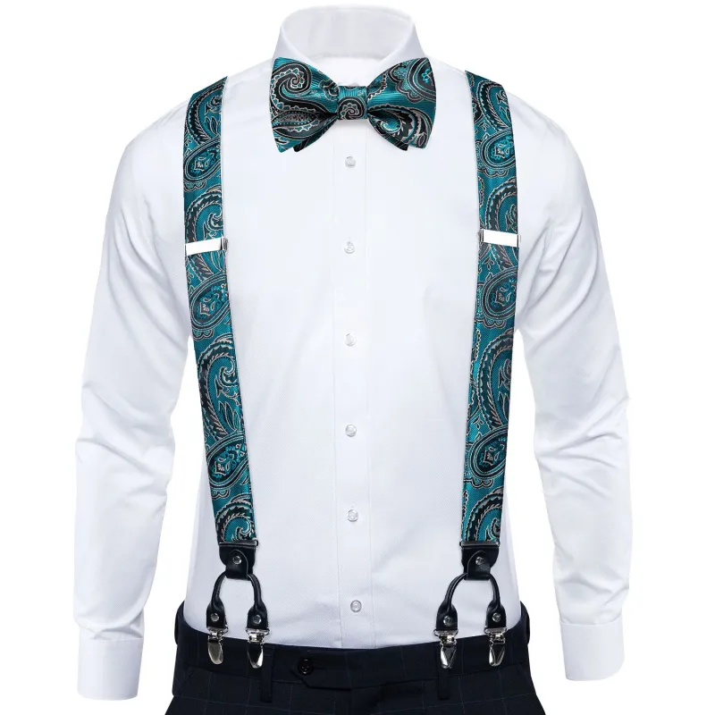 Lake Blue Black Paisley Y Back Brace Clip-on Men's Suspender with Bow Tie Set sold by Ties2You