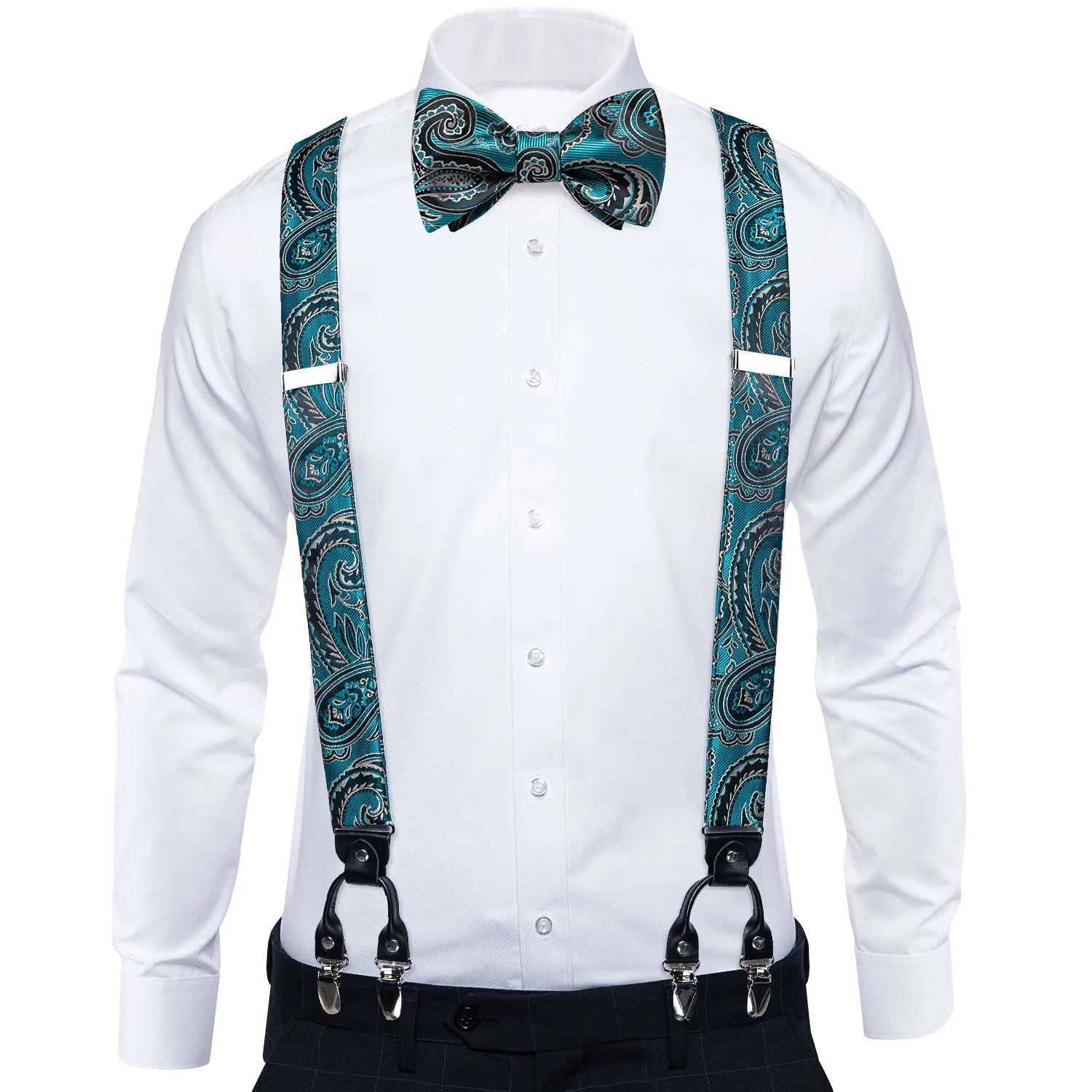 Lake Blue Black Paisley Y Back Brace Clip-on Men's Suspender with Bow Tie Set sold by Ties2You