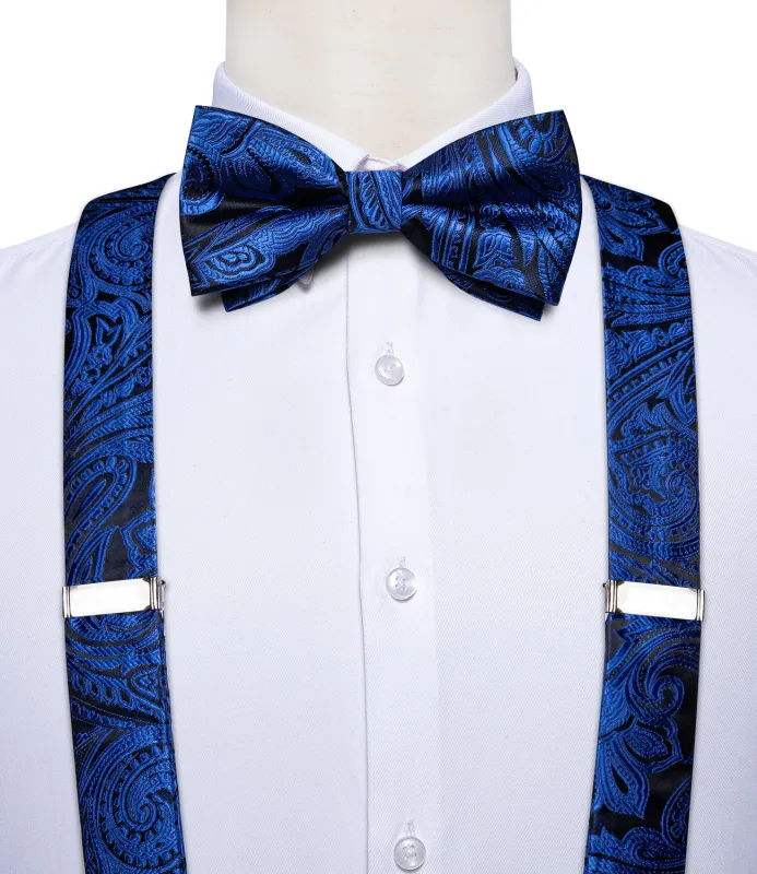 Black Blue Paisley Y Back Brace Clip-on Men's Suspender with Bow Tie Set sold by Ties2You