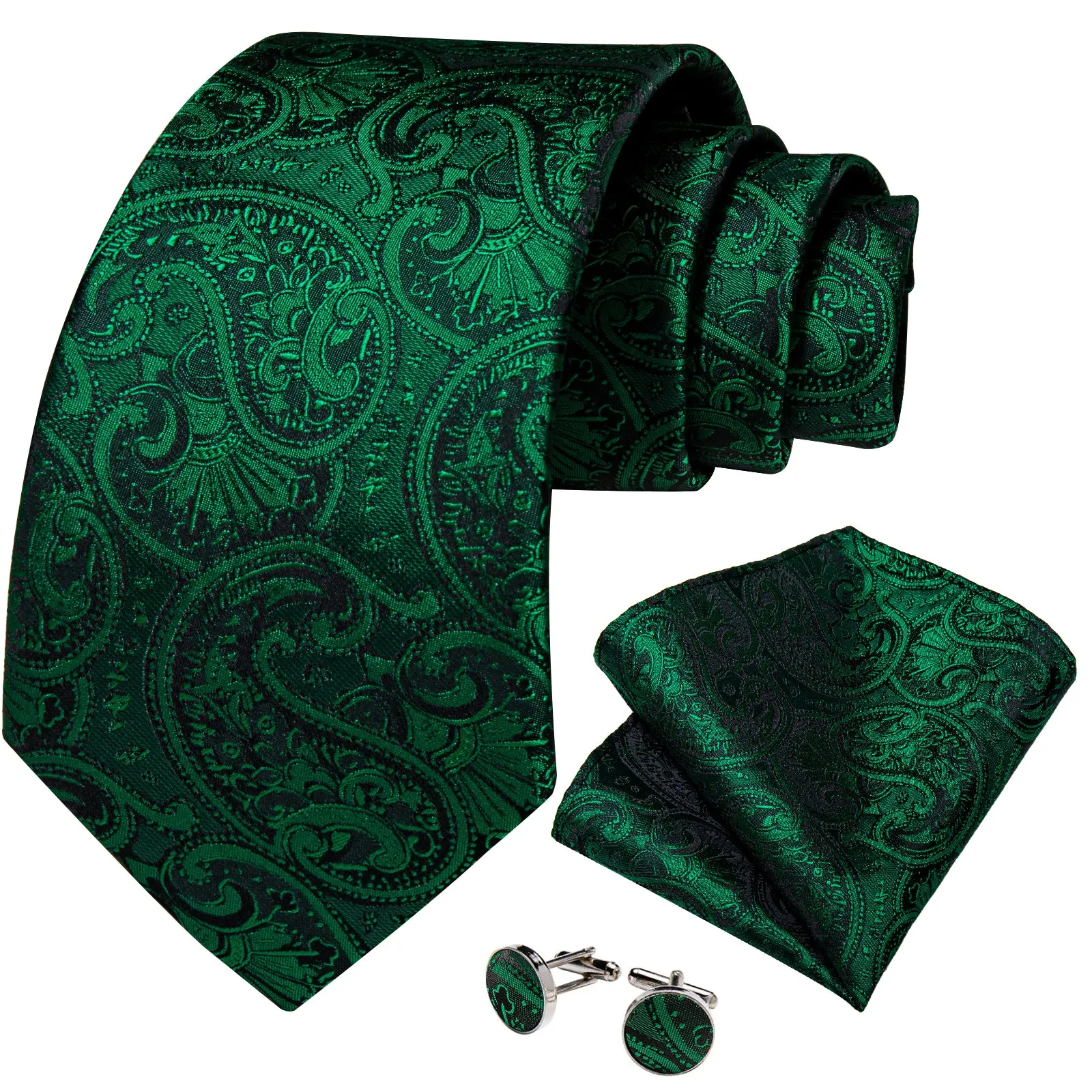 Dark Green Paisley Silk Fabric Tie Hanky Cufflinks Set sold by Ties2You product image thumbnail 2