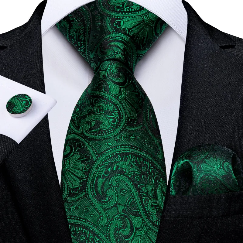 Dark Green Paisley Silk Fabric Tie Hanky Cufflinks Set sold by Ties2You