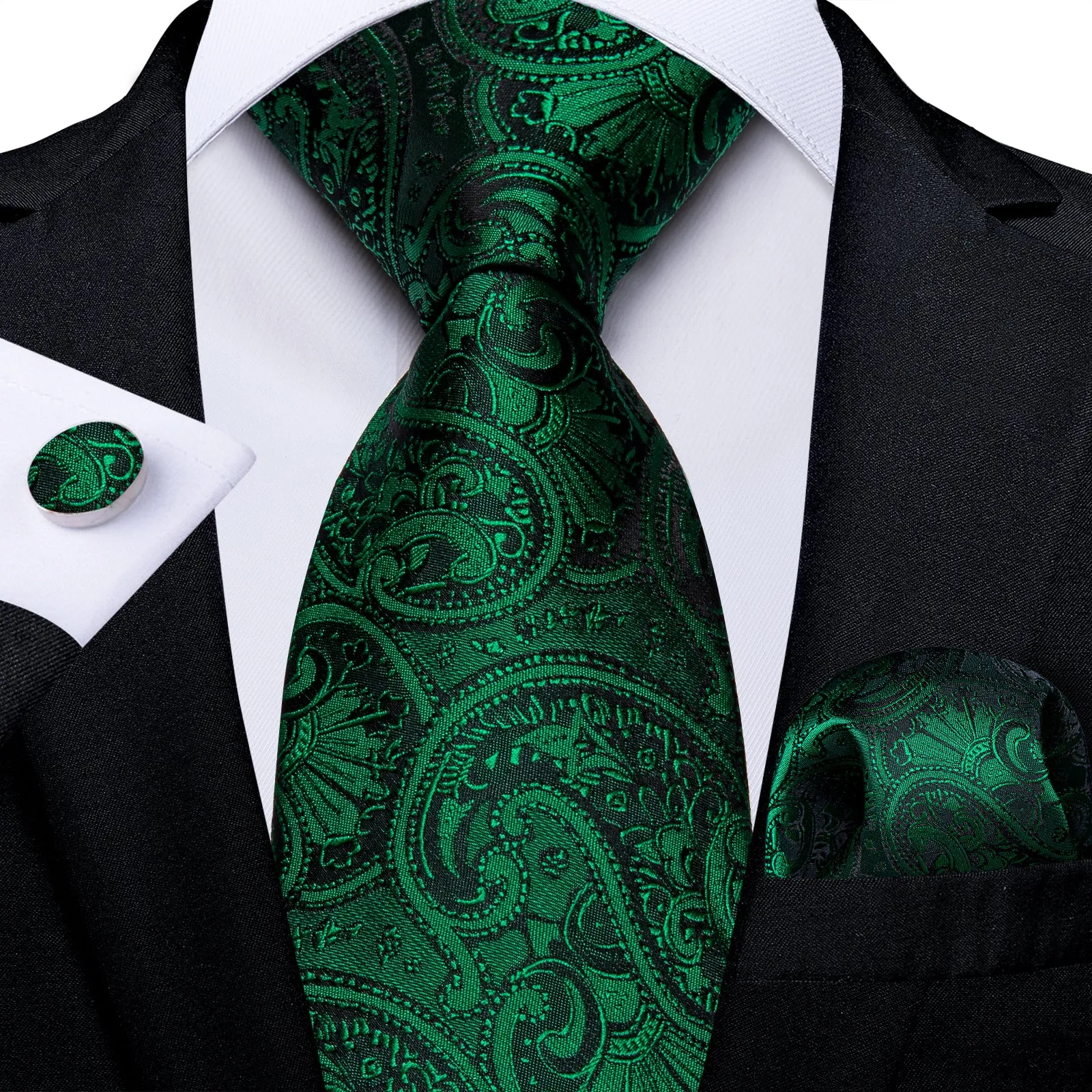 Dark Green Paisley Silk Fabric Tie Hanky Cufflinks Set sold by Ties2You