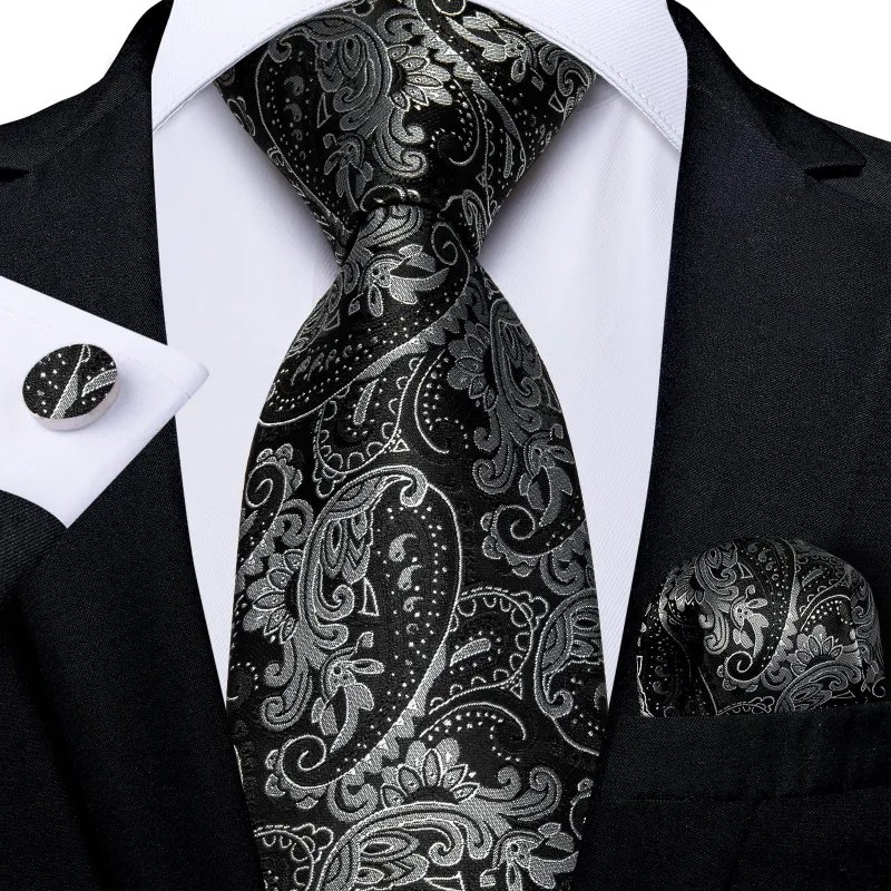 Black Grey Paisley Silk Fabric Tie Hanky Cufflinks Set sold by Ties2You