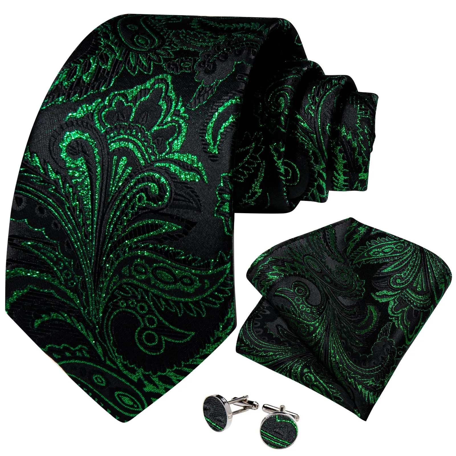 Black Green Paisley Silk Fabric Tie Hanky Cufflinks Set sold by Ties2You product image thumbnail 2