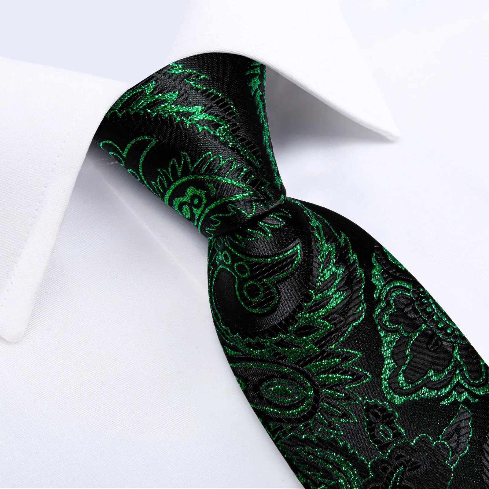 Black Green Paisley Silk Fabric Tie Hanky Cufflinks Set sold by Ties2You product image thumbnail 5