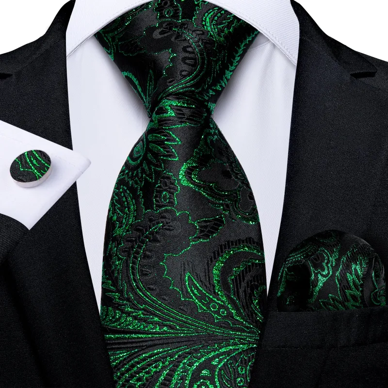 Black Green Paisley Silk Fabric Tie Hanky Cufflinks Set sold by Ties2You