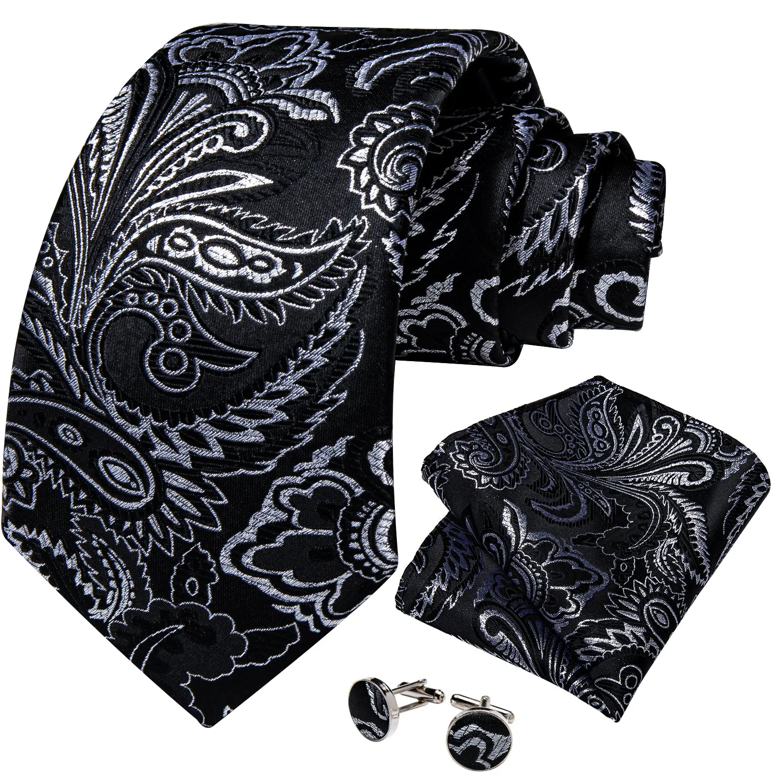 Black White Paisley Silk Fabric Tie Hanky Cufflinks Set sold by Ties2You product image thumbnail 2