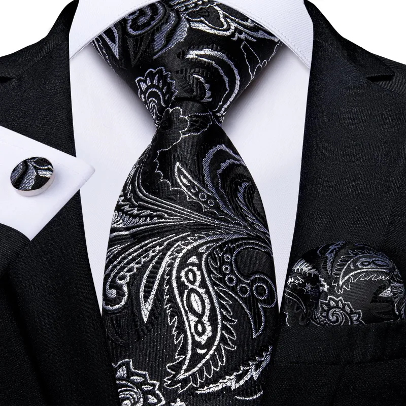 Black White Paisley Silk Fabric Tie Hanky Cufflinks Set sold by Ties2You