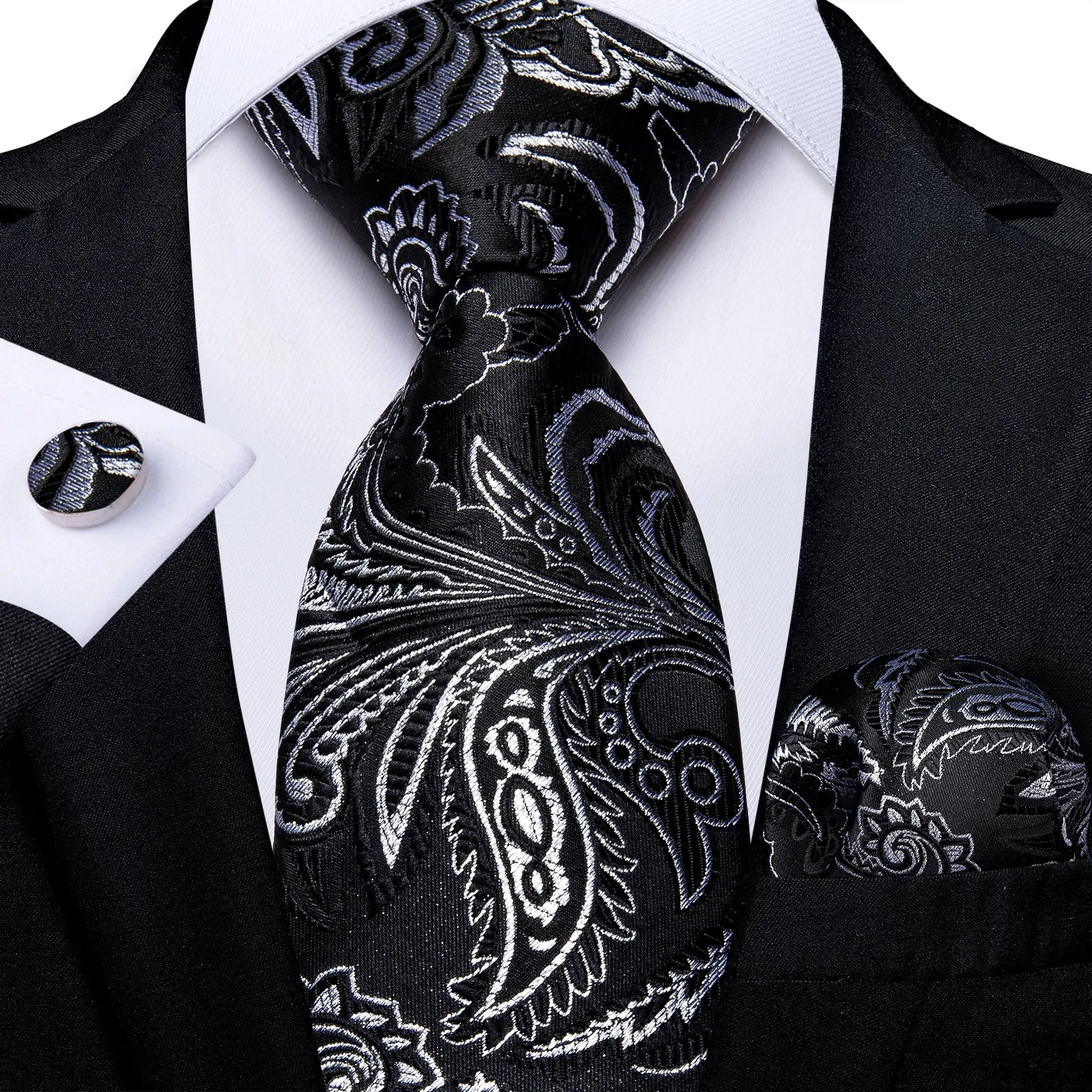 Black White Paisley Silk Fabric Tie Hanky Cufflinks Set sold by Ties2You