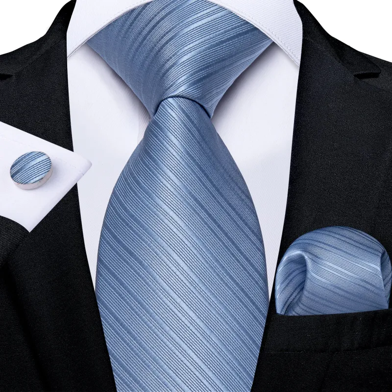 Light Blue Striped Silk Fabric Tie Hanky Cufflinks Set sold by Ties2You