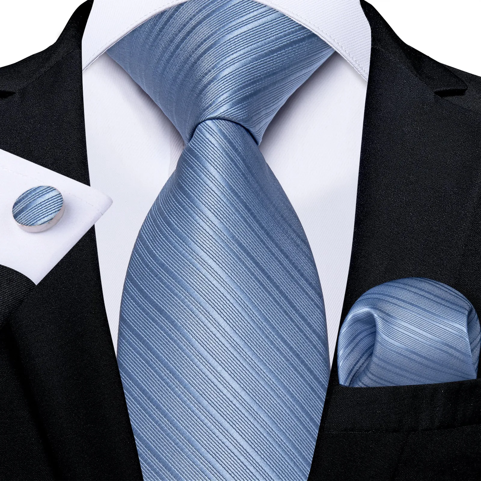 Light Blue Striped Silk Fabric Tie Hanky Cufflinks Set sold by Ties2You
