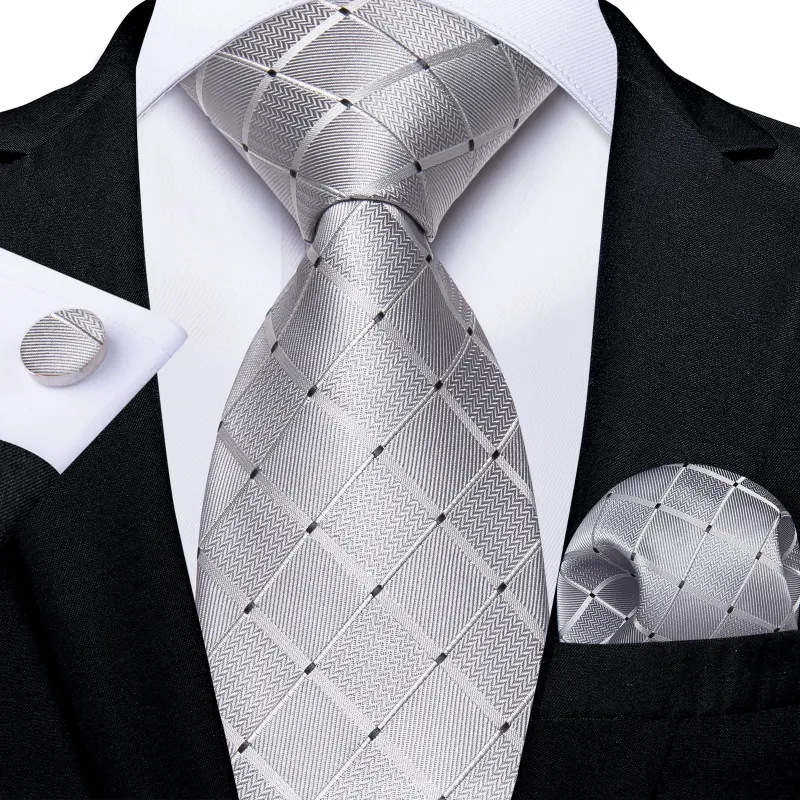 Silver Grey Plaid Silk Fabric Tie Hanky Cufflinks Set sold by Ties2You
