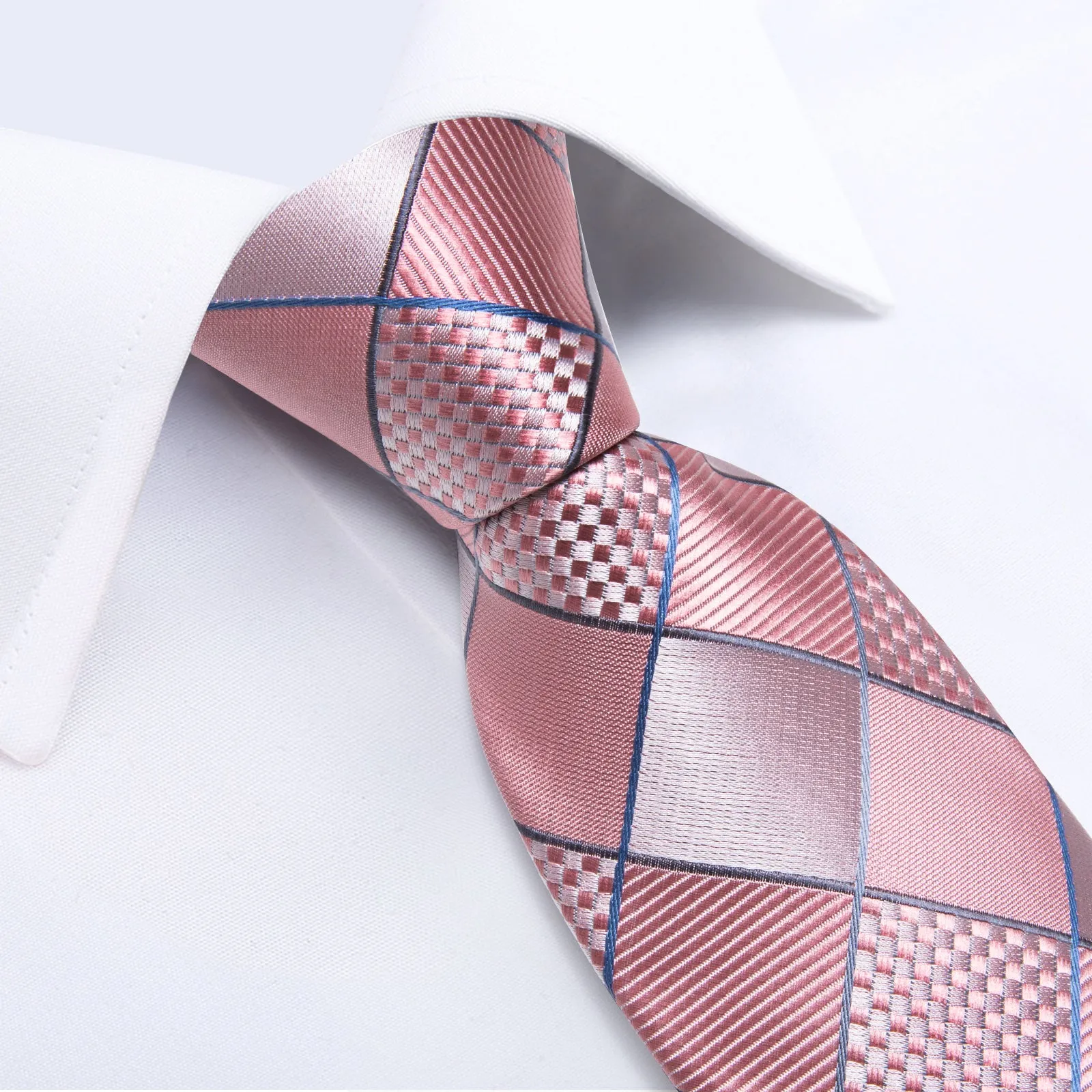 Light Pink Plaid Silk Fabric Tie Hanky Cufflinks Set sold by Ties2You product image thumbnail 5